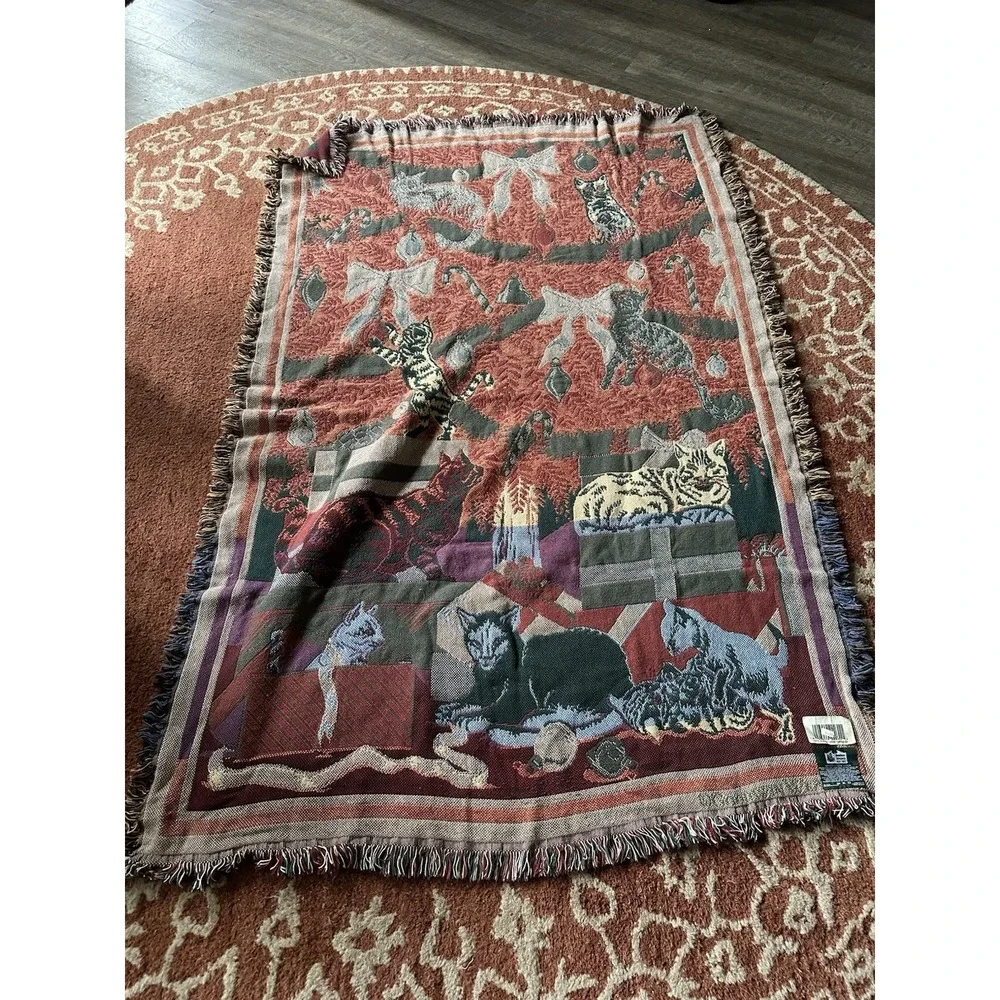 GOODWIN WEAVERS BLANKET TAPESTRY THROW CATS IN CHRISTMAS TREE VINTAGE‎ 68x50